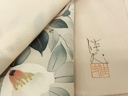 平和屋着物▽訪問着　単衣　作家物　手描き　草花文　金彩　正絹　逸品　未使用　AABJ0228jh