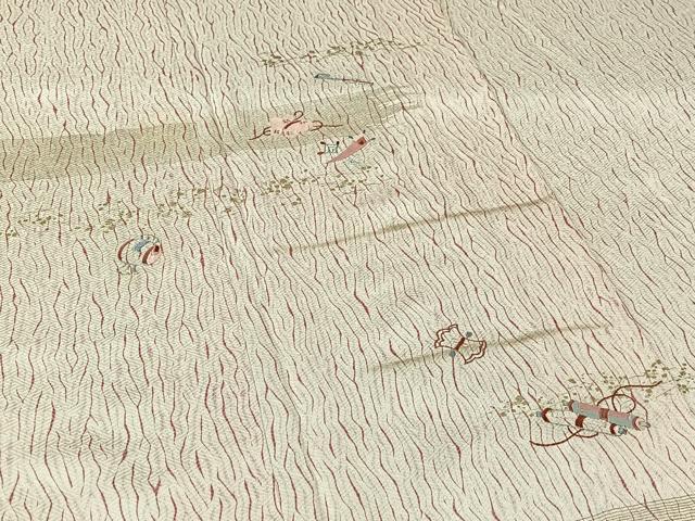 平和屋着物▽訪問着　単衣　刺繍　杢目絞り　宝尽くし文　金彩　正絹　逸品　AABJ0233jh