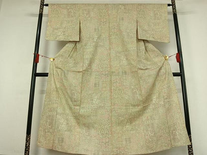 平和屋着物▽上質な小紋　単衣　紬地　古代壁画文様　正絹　逸品　AABJ0234jh