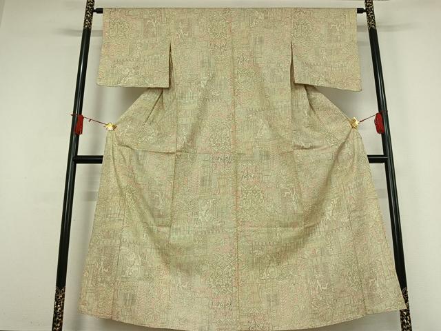 平和屋着物▽上質な小紋　単衣　紬地　古代壁画文様　正絹　逸品　AABJ0234jh