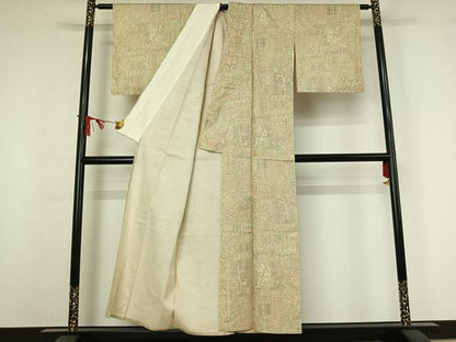 平和屋着物▽上質な小紋　単衣　紬地　古代壁画文様　正絹　逸品　AABJ0234jh