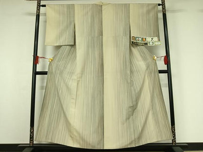 平和屋着物▽本塩沢　やまだ織　200色　単衣　縞　証紙付き　正絹　逸品　AABJ0239jh