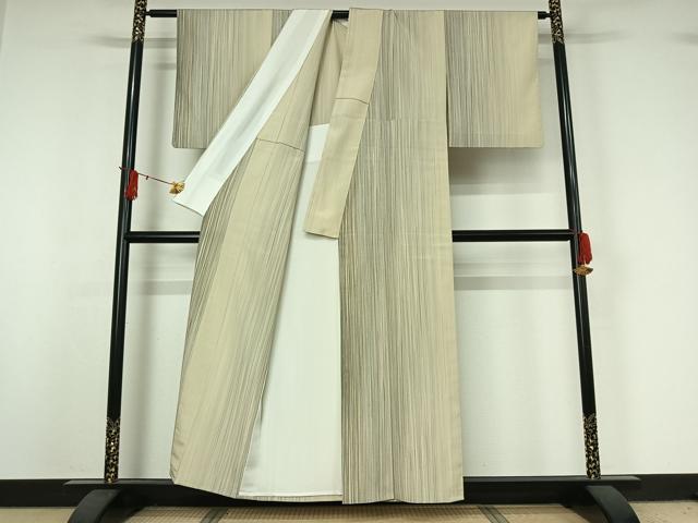 平和屋着物▽本塩沢　やまだ織　200色　単衣　縞　証紙付き　正絹　逸品　AABJ0239jh