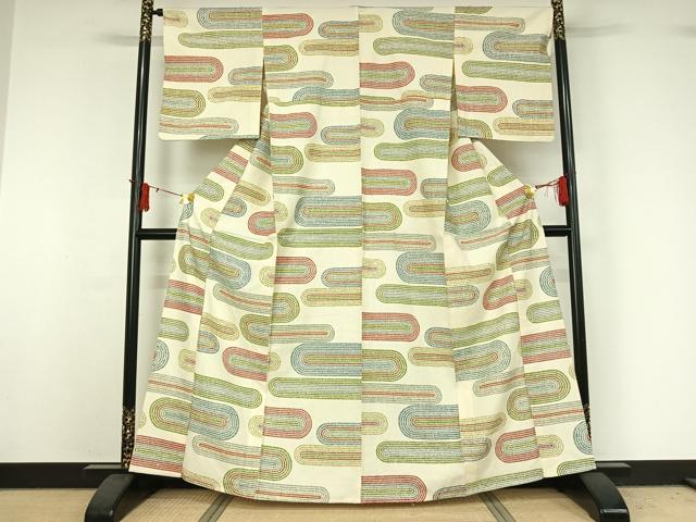平和屋着物▽上質な小紋　単衣　紬地　横段文　正絹　逸品　AABJ0240jh