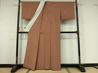 平和屋着物▽上質な色無地　単衣　赤白橡色　鬼しぼ縮緬　正絹　逸品　AABJ0243jh