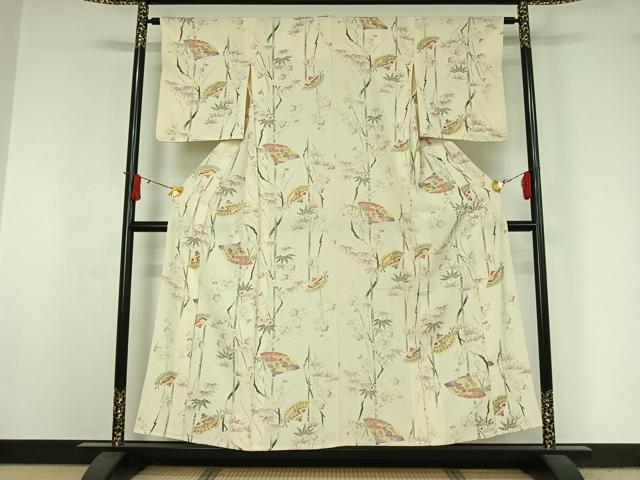平和屋着物▽上質な小紋　単衣　手描き　扇面花文　金彩　正絹　逸品　AABJ0257jh