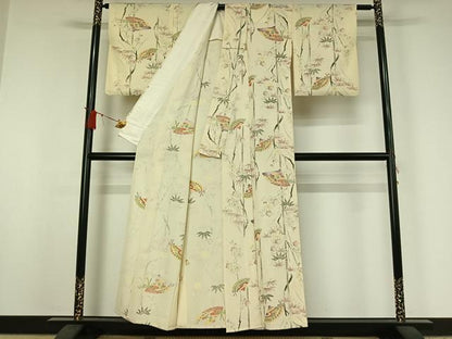 平和屋着物▽上質な小紋　単衣　手描き　扇面花文　金彩　正絹　逸品　AABJ0257jh
