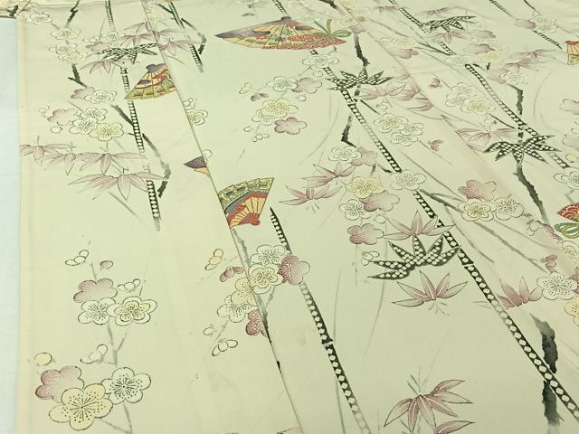 平和屋着物▽上質な小紋　単衣　手描き　扇面花文　金彩　正絹　逸品　AABJ0257jh