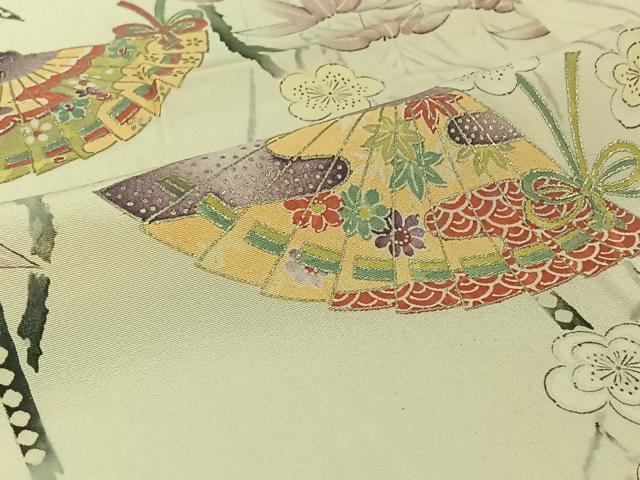 平和屋着物▽上質な小紋　単衣　手描き　扇面花文　金彩　正絹　逸品　AABJ0257jh