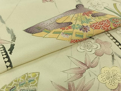 平和屋着物▽上質な小紋　単衣　手描き　扇面花文　金彩　正絹　逸品　AABJ0257jh