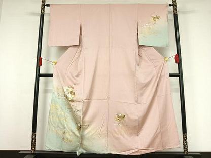 平和屋着物▽訪問着　単衣　地紙花文　暈し染め　金彩　正絹　逸品　AABJ0262jh