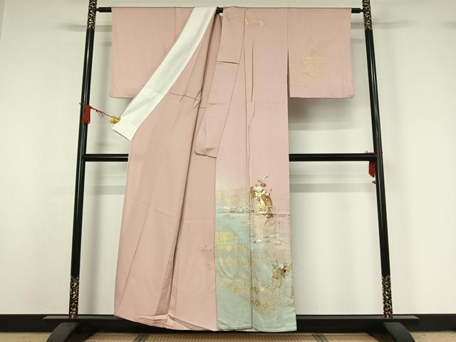 平和屋着物▽訪問着　単衣　地紙花文　暈し染め　金彩　正絹　逸品　AABJ0262jh