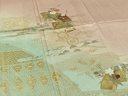 平和屋着物▽訪問着　単衣　地紙花文　暈し染め　金彩　正絹　逸品　AABJ0262jh