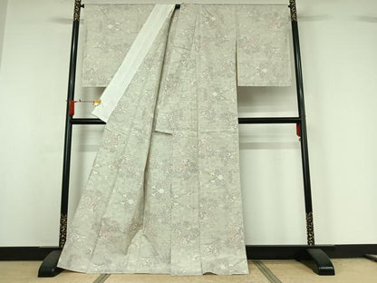 平和屋着物▽本場大島紬　白大島　単衣　9マルキ　草花文　正絹　逸品　AABJ0263jh