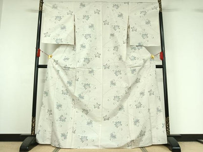 平和屋着物▽上質な紬　単衣　花唐草文　正絹　逸品　AABJ0264jh