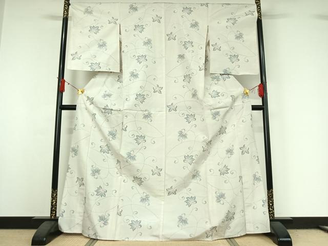 平和屋着物▽上質な紬　単衣　花唐草文　正絹　逸品　AABJ0264jh