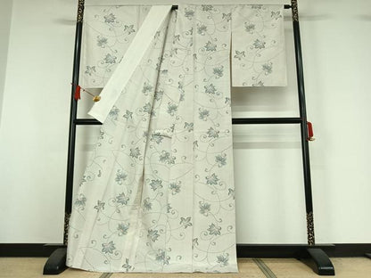 平和屋着物▽上質な紬　単衣　花唐草文　正絹　逸品　AABJ0264jh