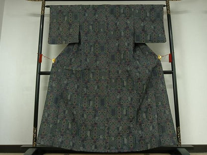平和屋着物▽本塩沢　単衣　幾何学文様　正絹　逸品　AABJ0268jh