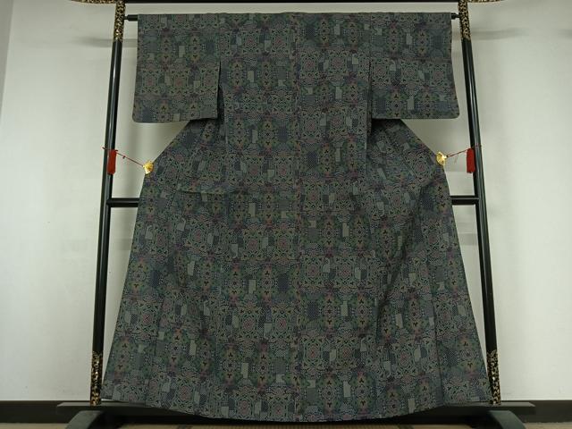 平和屋着物▽本塩沢　単衣　幾何学文様　正絹　逸品　AABJ0268jh