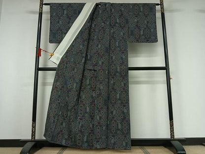 平和屋着物▽本塩沢　単衣　幾何学文様　正絹　逸品　AABJ0268jh