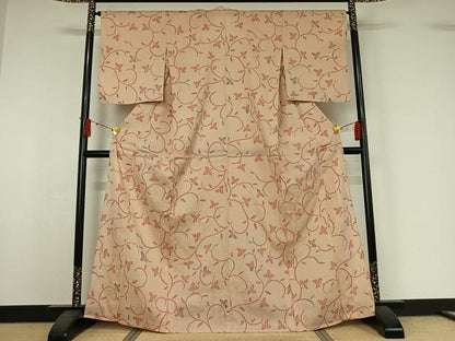 平和屋着物▽お召　単衣　草花文　正絹　逸品　AABJ0271jh
