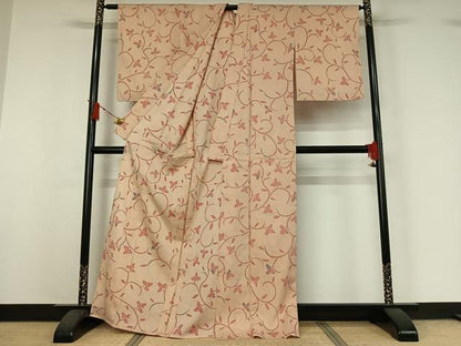 平和屋着物▽お召　単衣　草花文　正絹　逸品　AABJ0271jh