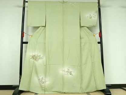 平和屋着物▽訪問着　単衣　中国三大刺繍　相良刺繍　駒刺繍　草花文　暈し染め　金彩　正絹　逸品　AABJ0273jh
