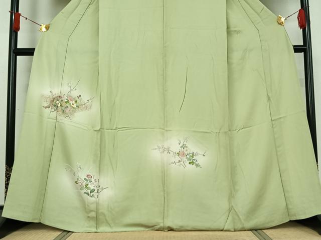 平和屋着物▽訪問着　単衣　中国三大刺繍　相良刺繍　駒刺繍　草花文　暈し染め　金彩　正絹　逸品　AABJ0273jh