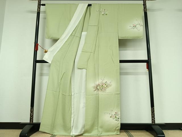 平和屋着物▽訪問着　単衣　中国三大刺繍　相良刺繍　駒刺繍　草花文　暈し染め　金彩　正絹　逸品　AABJ0273jh