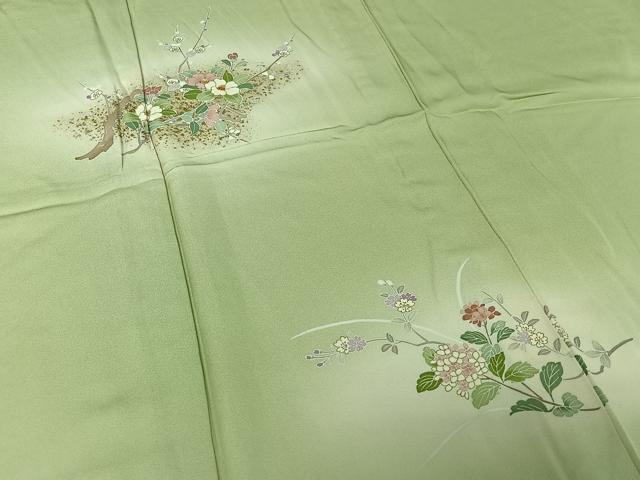 平和屋着物▽訪問着　単衣　中国三大刺繍　相良刺繍　駒刺繍　草花文　暈し染め　金彩　正絹　逸品　AABJ0273jh