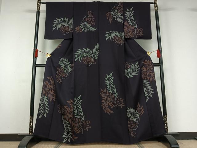 平和屋着物▽上質な小紋　単衣　草葉文　正絹　逸品　未使用　AABJ0279jh