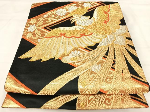 値引き交渉OK】袋帯 正絹 六通 送料込み 黒色・金色 鳳凰・花柄 16番