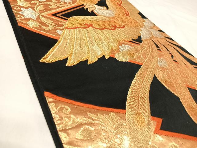 平和屋着物◎六通柄袋帯　鳳凰花文　黒地　金銀糸　正絹　逸品　AABJ0286yx