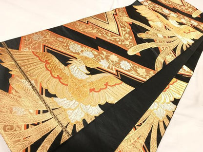 平和屋着物◎六通柄袋帯　鳳凰花文　黒地　金銀糸　正絹　逸品　AABJ0286yx