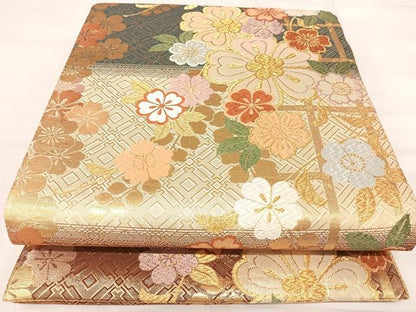 平和屋着物◎佐賀錦　六通柄袋帯　唐織　舞花文　金糸　正絹　逸品　AABJ0293yx