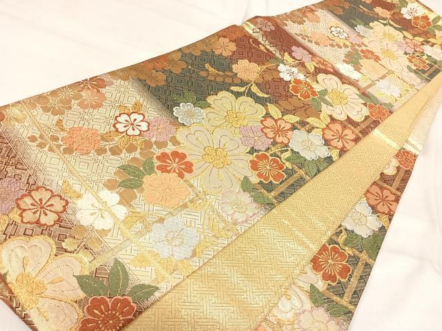 平和屋着物◎佐賀錦　六通柄袋帯　唐織　舞花文　金糸　正絹　逸品　AABJ0293yx