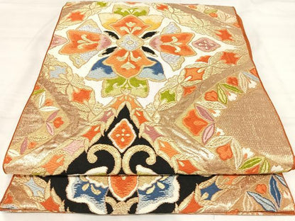平和屋着物◎六通柄　本袋帯　唐織　草花文　金銀糸　正絹　逸品　AABJ0300yx