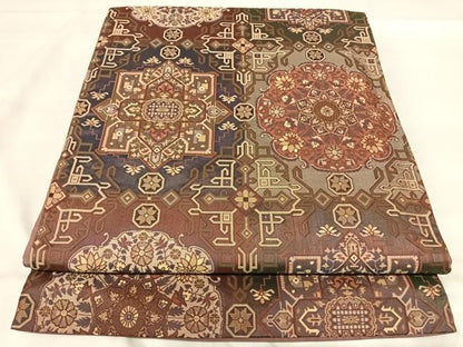 平和屋着物◎六通柄袋帯　幾何学花文　金糸　正絹　逸品　AABJ0303yx