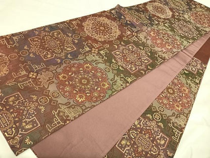 平和屋着物◎六通柄袋帯　幾何学花文　金糸　正絹　逸品　AABJ0303yx