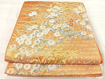 平和屋着物◎六通柄袋帯　唐織　草花文　金糸　正絹　逸品　AABJ0306yx