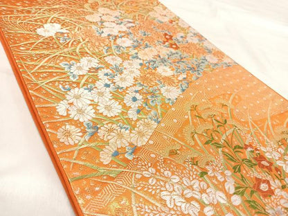 平和屋着物◎六通柄袋帯　唐織　草花文　金糸　正絹　逸品　AABJ0306yx