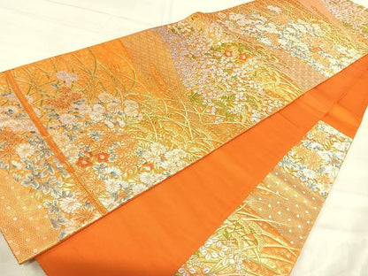 平和屋着物◎六通柄袋帯　唐織　草花文　金糸　正絹　逸品　AABJ0306yx