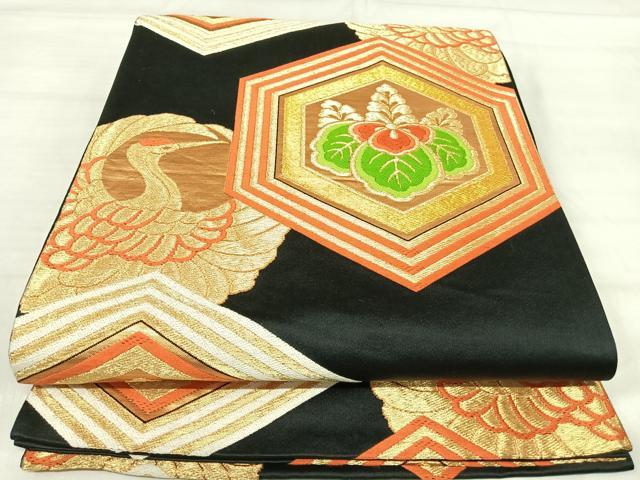 平和屋着物◎六通柄袋帯　唐織　吉祥文　鶴　黒地　金糸　正絹　逸品　AABJ0312yx