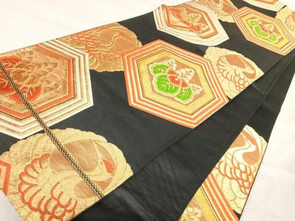 平和屋着物◎六通柄袋帯　唐織　吉祥文　鶴　黒地　金糸　正絹　逸品　AABJ0312yx