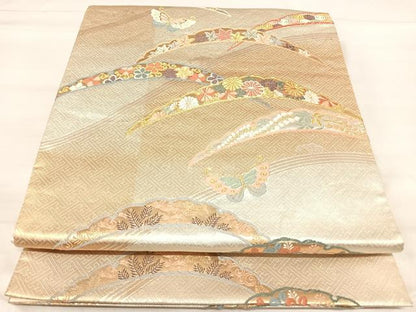 平和屋着物◎六通柄袋帯　唐織　雪芝花蝶文　金銀糸　正絹　逸品　AABJ0313yx