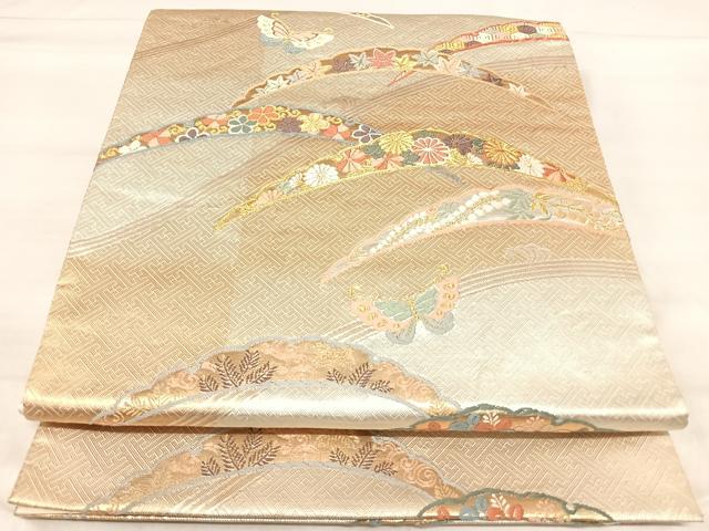 平和屋着物◎六通柄袋帯　唐織　雪芝花蝶文　金銀糸　正絹　逸品　AABJ0313yx