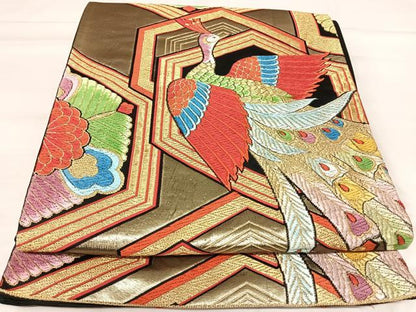 平和屋着物◎六通柄京袋帯　唐織　孔雀花文　黒地　金糸　正絹　逸品　AABJ0318yx