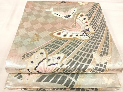 平和屋着物◎六通柄袋帯　舞蝶文　金銀糸　正絹　逸品　AABJ0322yx
