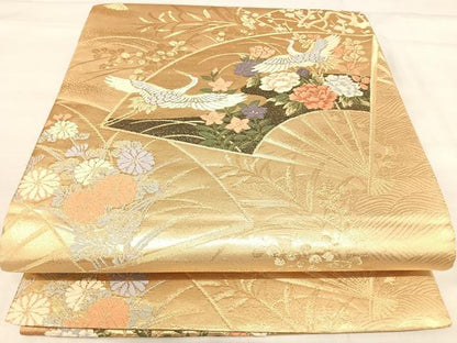 平和屋着物◎六通柄袋帯　唐織　扇面飛鶴花文　金糸　正絹　逸品　AABJ0324yx