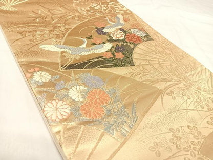 平和屋着物◎六通柄袋帯　唐織　扇面飛鶴花文　金糸　正絹　逸品　AABJ0324yx